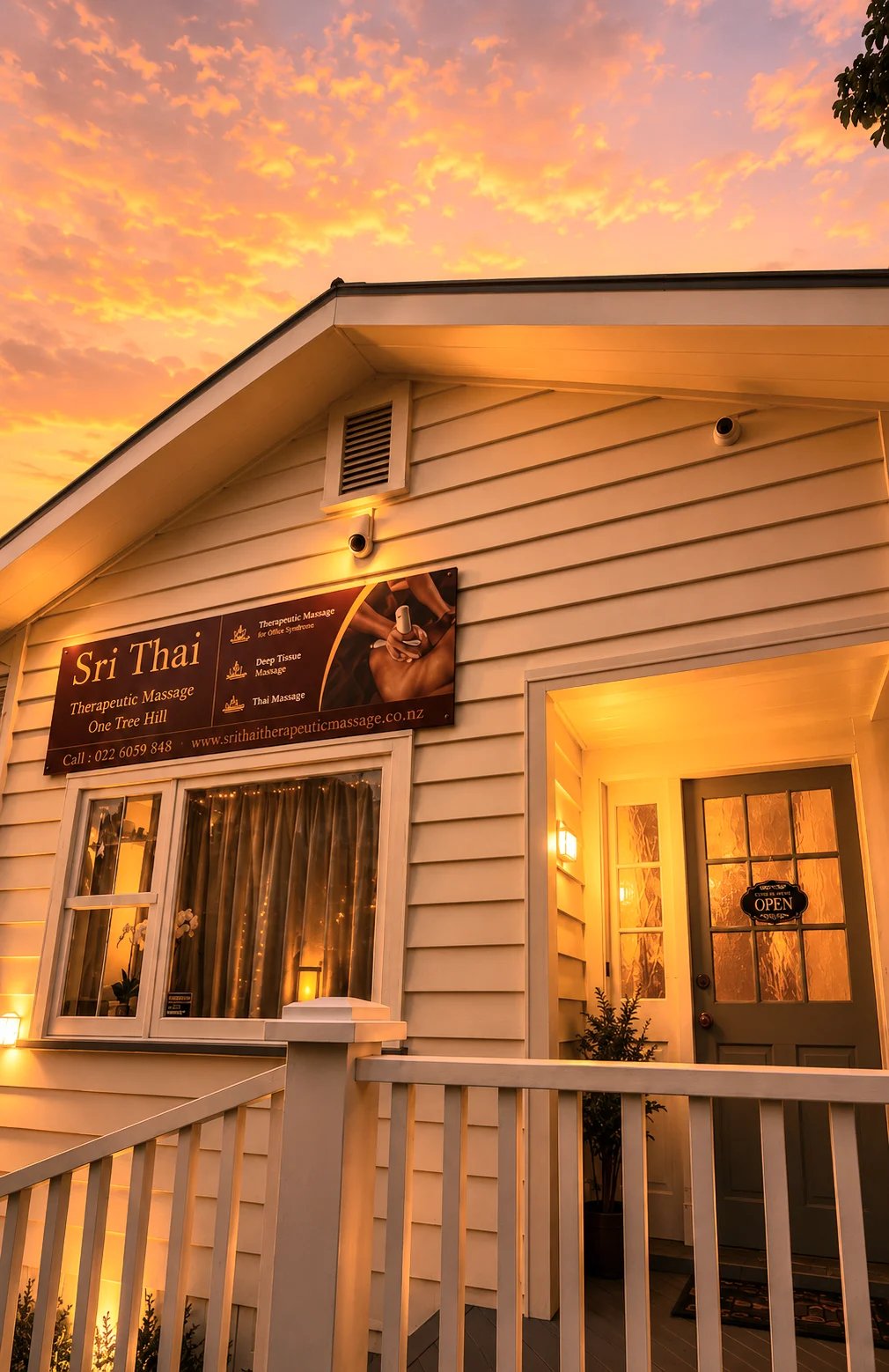 Sri Thai massage spa storefront at sunset with warm golden sky, wooden siding exterior, and illuminated windows and entrance