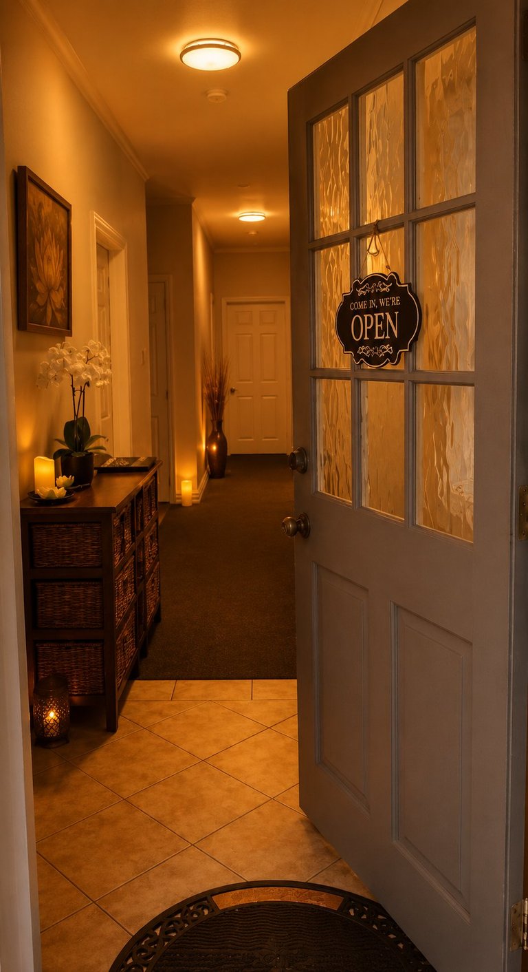 Warm-lit entry hallway with wood door displaying OPEN sign, wicker storage, white flowers, and tile flooring