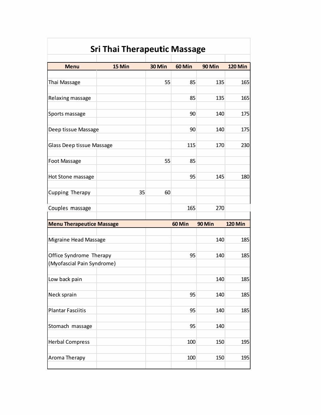 Sri Thai Therapeutic Massage price menu showing various massage and therapy services with duration and cost options from 15 to 120 minutes