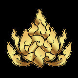 Gold decorative flame-like ornament with curved scrolling petals on black background