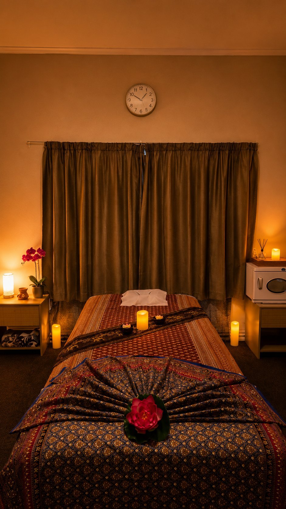 A spa massage room with a treatment bed decorated with red flowers, surrounded by lit candles, warm amber lighting, and dark curtains