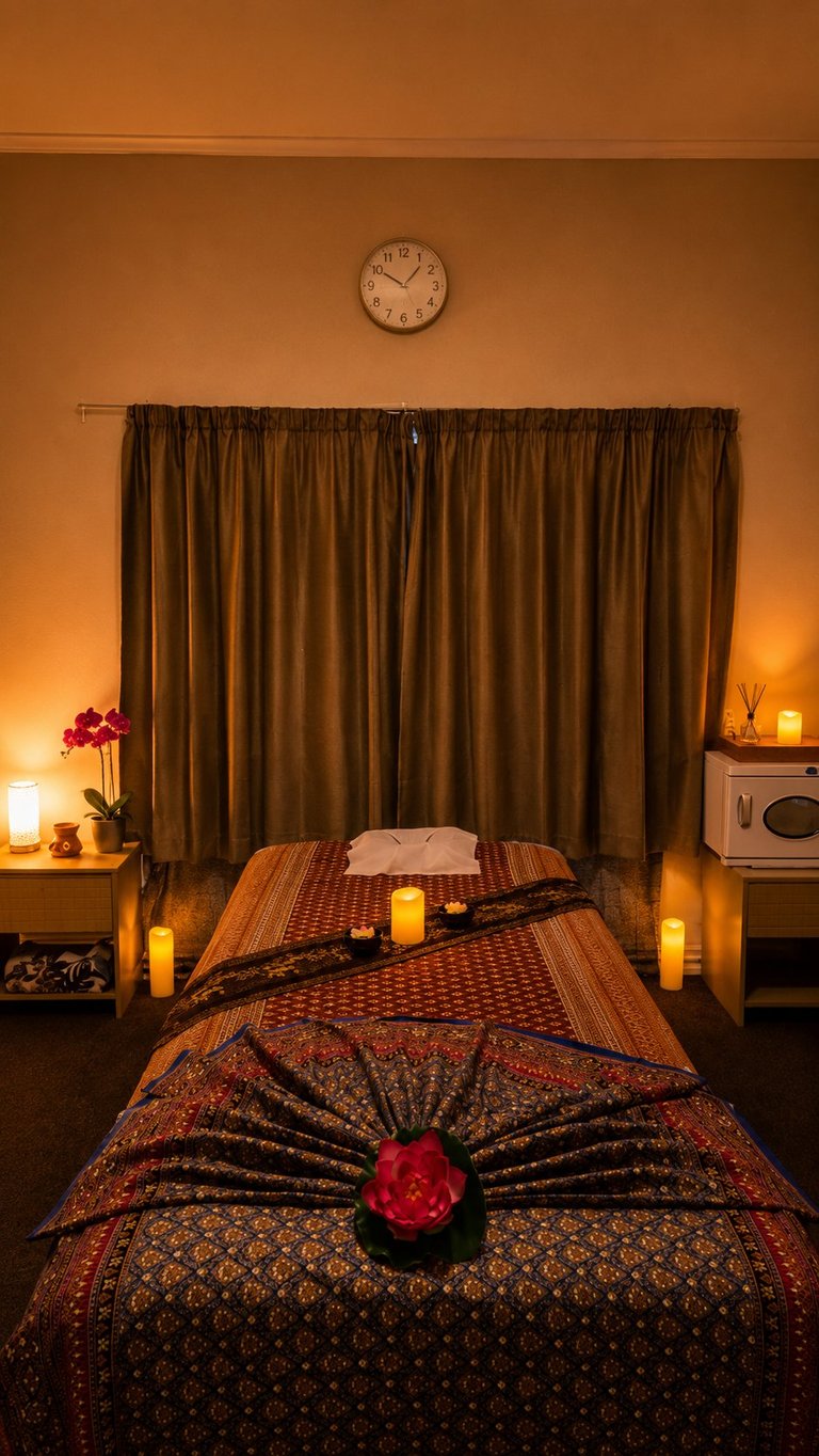 A spa massage room with a treatment bed decorated with red flowers, surrounded by lit candles, warm amber lighting, and dark curtains