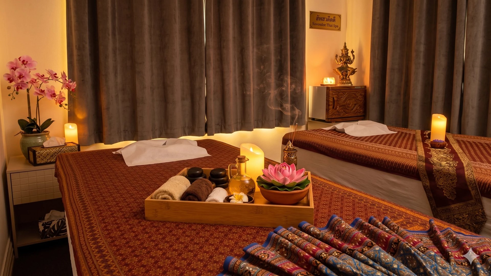Spa treatment room with massage tables, candles, flowers, and relaxing ambient lighting